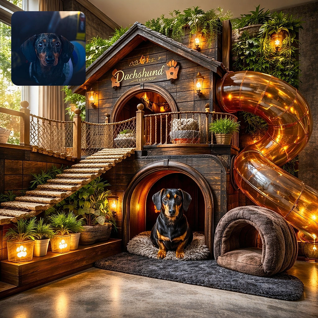 A soulful dachshund stares straight into the camera with big glossy eyes, perched in a dim car interior like a tiny, dramatic movie star — ears flopped, wet nose centered, and soft moody light giving the fur a painterly sheen.