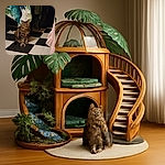 A tabby cat sits attentively on a black and white checkered floor, clutching a small toy mouse with its paw. The background includes a chair with a tropical leaf-patterned fabric and a pink curtain with ruffles, creating a cozy indoor setting.