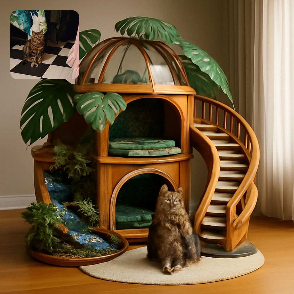 A tabby cat sits attentively on a black and white checkered floor, clutching a small toy mouse with its paw. The background includes a chair with a tropical leaf-patterned fabric and a pink curtain with ruffles, creating a cozy indoor setting.