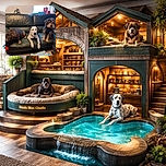 Three dogs have claimed the green leather sofa: the left one is enthusiastically gnawing a red rope toy, the spotted middle dog gives a wide‑eyed polite stare, and the scruffy right pup poses like a dignified couch lord. Presents, a crate and a fluffy floor toy complete the living room heist.