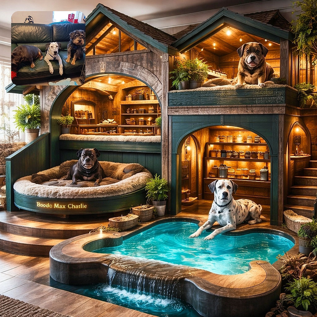 Three dogs have claimed the green leather sofa: the left one is enthusiastically gnawing a red rope toy, the spotted middle dog gives a wide‑eyed polite stare, and the scruffy right pup poses like a dignified couch lord. Presents, a crate and a fluffy floor toy complete the living room heist.