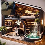 A cheerful black and white dog sitting on a carpeted floor indoors, looking upwards with its mouth open as if eagerly awaiting a treat or command. The background is softly blurred, highlighting the dog's expressive posture and joyful demeanor.