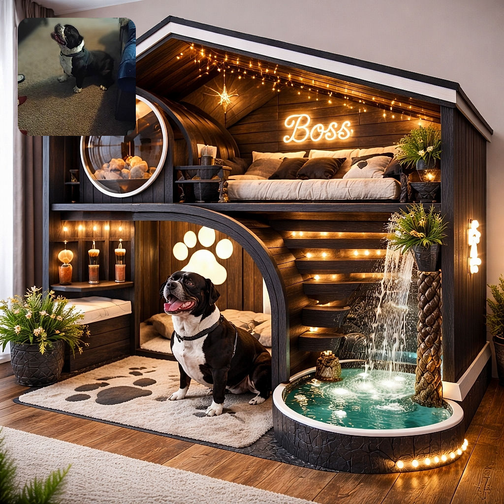 A cheerful black and white dog sitting on a carpeted floor indoors, looking upwards with its mouth open as if eagerly awaiting a treat or command. The background is softly blurred, highlighting the dog's expressive posture and joyful demeanor.