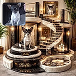 A small black and white dog, possibly a Chihuahua, sits alertly on a gray blanket or bedspread. The dog looks directly at the camera with curious eyes and large ears standing upright. In the background, a person holding a remote control is partially visible.