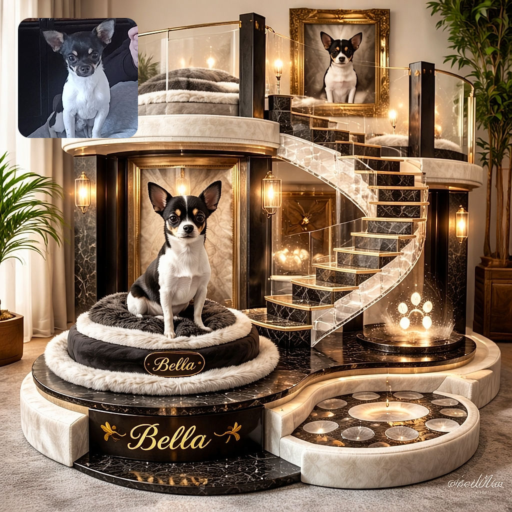 A small black and white dog, possibly a Chihuahua, sits alertly on a gray blanket or bedspread. The dog looks directly at the camera with curious eyes and large ears standing upright. In the background, a person holding a remote control is partially visible.