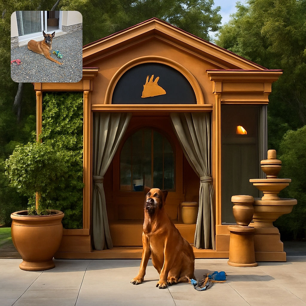 A relaxed brown dog lounges on a bed of small gray pebbles outside a modern house with sliding glass doors, eyeing something off-camera while surrounded by colorful rope toys.
