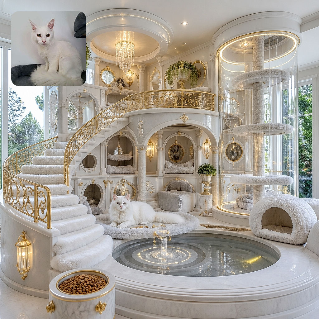 A fluffy white cat sits upright like a tiny royal statue, staring into the camera with golden-eyed seriousness while its enormous plume of a tail curls across the soft gray bed. The dark blanket in the corner adds just enough drama to suggest this cat is awaiting its throne.