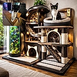 A curious black and white kitten sits on the edge of a wooden coffee table, tilting its head inquisitively. The cozy room features a patterned rug, a dark cabinet with a framed photo, and a glowing stove in the background, creating a warm and homely atmosphere.