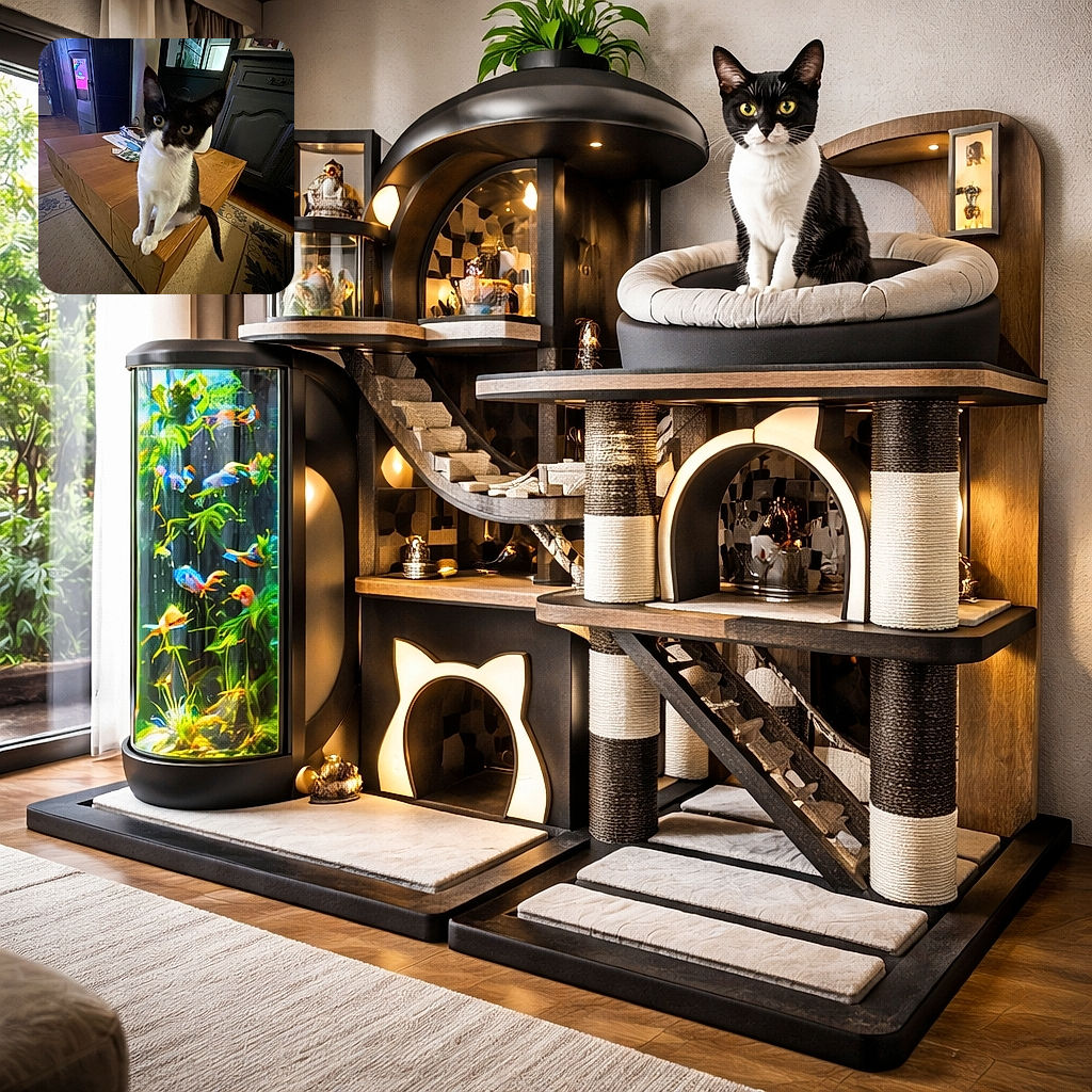 A curious black and white kitten sits on the edge of a wooden coffee table, tilting its head inquisitively. The cozy room features a patterned rug, a dark cabinet with a framed photo, and a glowing stove in the background, creating a warm and homely atmosphere.