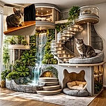 A curious tabby cat perched on a polished wooden countertop, staring intently with big round eyes, surrounded by a cozy indoor kitchen setting with warm lighting and dark curtains in the background.