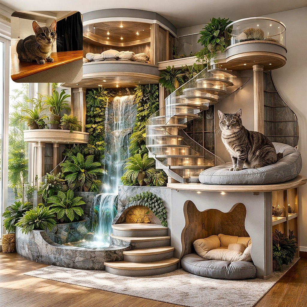 A curious tabby cat perched on a polished wooden countertop, staring intently with big round eyes, surrounded by a cozy indoor kitchen setting with warm lighting and dark curtains in the background.