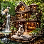 A charming speckled dog sits patiently on a textured dock by a calm green pond, framed by lush leafy branches, giving off serene and contemplative vibes as if pondering the mysteries of the water.