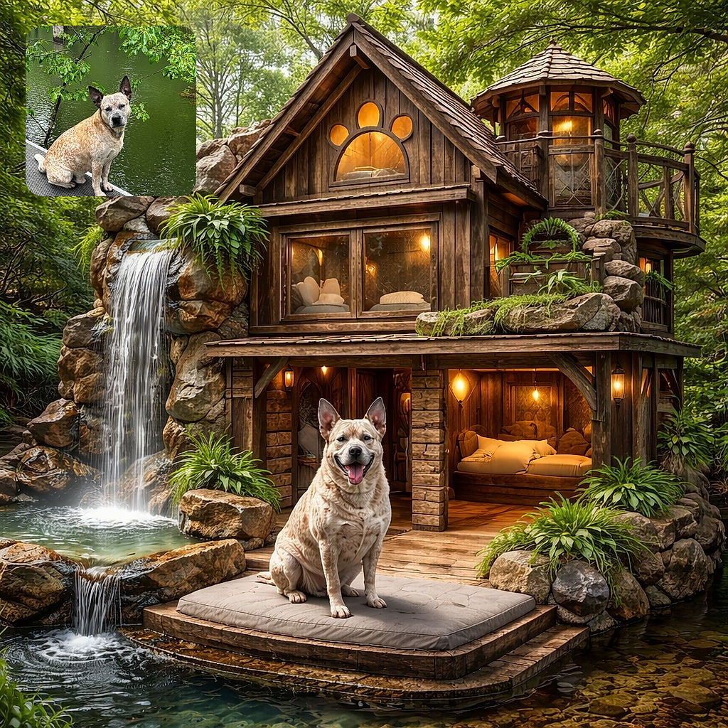 A charming speckled dog sits patiently on a textured dock by a calm green pond, framed by lush leafy branches, giving off serene and contemplative vibes as if pondering the mysteries of the water.