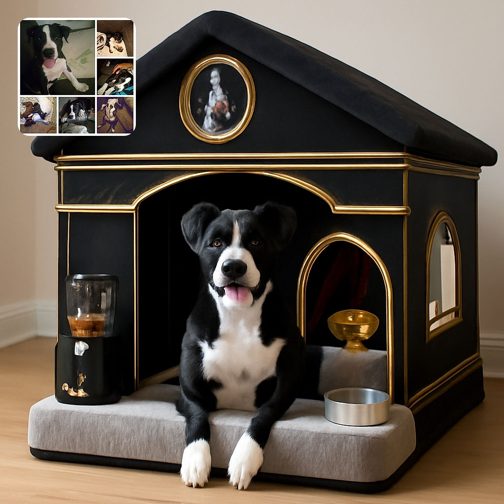 A collage of adorable black and white puppies lounging, sleeping, and playing in various cozy spots, including couches and blankets. One puppy cheekily sticks out its tongue while another naps with a water bottle as a pillow. The warm indoor lighting and casual setting capture the relaxed and playful spirit of these furry friends.
