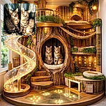 Two tabby cats sitting side by side on a cushioned surface with a curtain backdrop. The names 'Oscar & Fleix' are written in a playful blue font at the top, adding a charming introduction to these feline friends. The lighting highlights their striped fur patterns and attentive expressions.