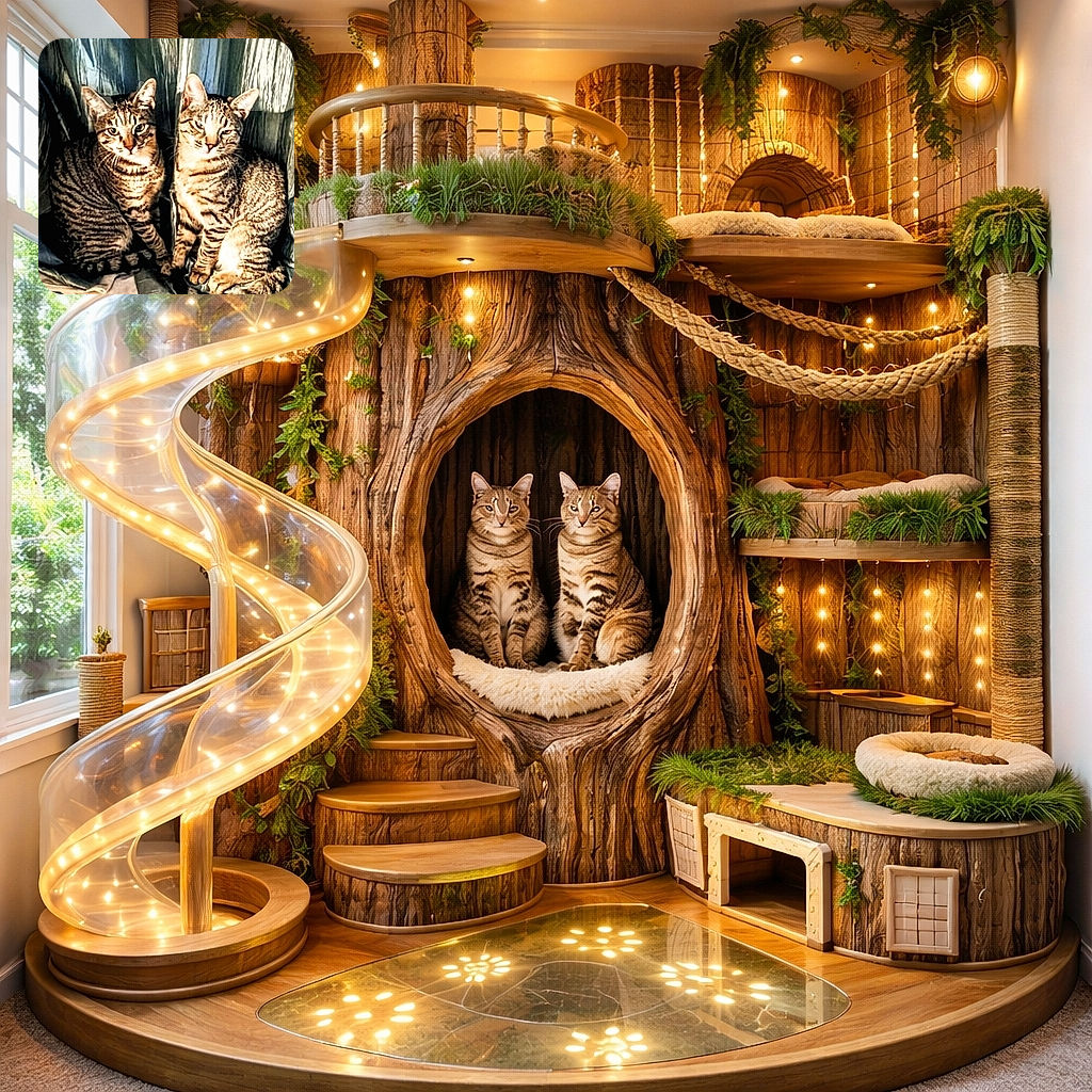 Two tabby cats sitting side by side on a cushioned surface with a curtain backdrop. The names 'Oscar & Fleix' are written in a playful blue font at the top, adding a charming introduction to these feline friends. The lighting highlights their striped fur patterns and attentive expressions.