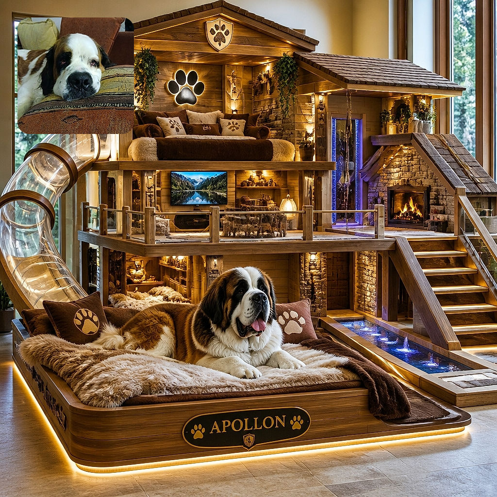 A sleepy Saint Bernard sprawls across a patterned couch, staring into the camera with the solemn expression of a furry philosopher who has just been asked to pay rent.