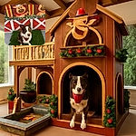 A charming dog wearing a festive red bandana sits attentively on a patch of green grass, with a colorful holiday backdrop featuring cartoon reindeer wearing Santa hats adding a cheerful Christmas vibe.
