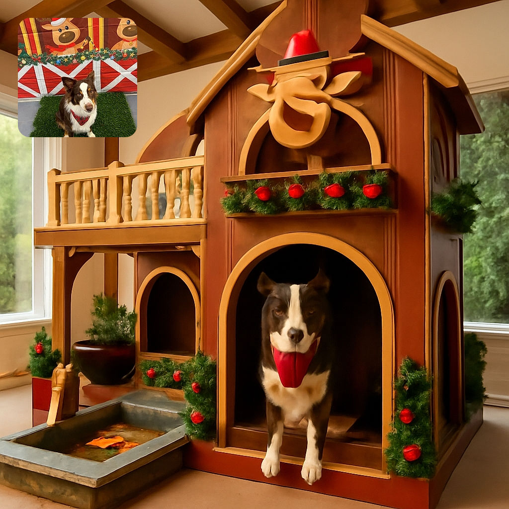 A charming dog wearing a festive red bandana sits attentively on a patch of green grass, with a colorful holiday backdrop featuring cartoon reindeer wearing Santa hats adding a cheerful Christmas vibe.