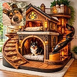 A close-up of an adorable dog resting its head on a pillow, with big curious eyes and fluffy ears perked up, set against a cozy indoor background featuring a patterned blanket and window.