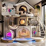 A fluffy black-and-white cat lounges on the tiled floor beside a colorful feather toy, looking like it has just finished a gourmet dinner and is now waiting for room service. A plate with leftover food sits nearby, completing the scene of feline relaxation and mild culinary mischief.