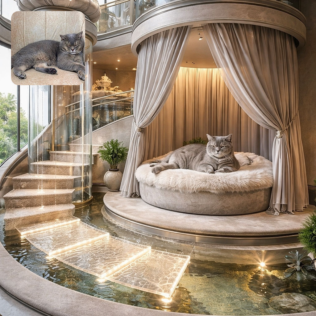 A chonky gray cat lounging like royalty on a beige armchair, eyes nearly closed in contemptuous relaxation, one paw splayed to show pink jellybean toes — peak nap energy and subtle judgment.