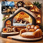 A cozy calico cat snoozes peacefully nestled against a soft, plush bunny toy on a bed with blue and white patterned blankets, capturing a serene moment of furry friendship and comfort.