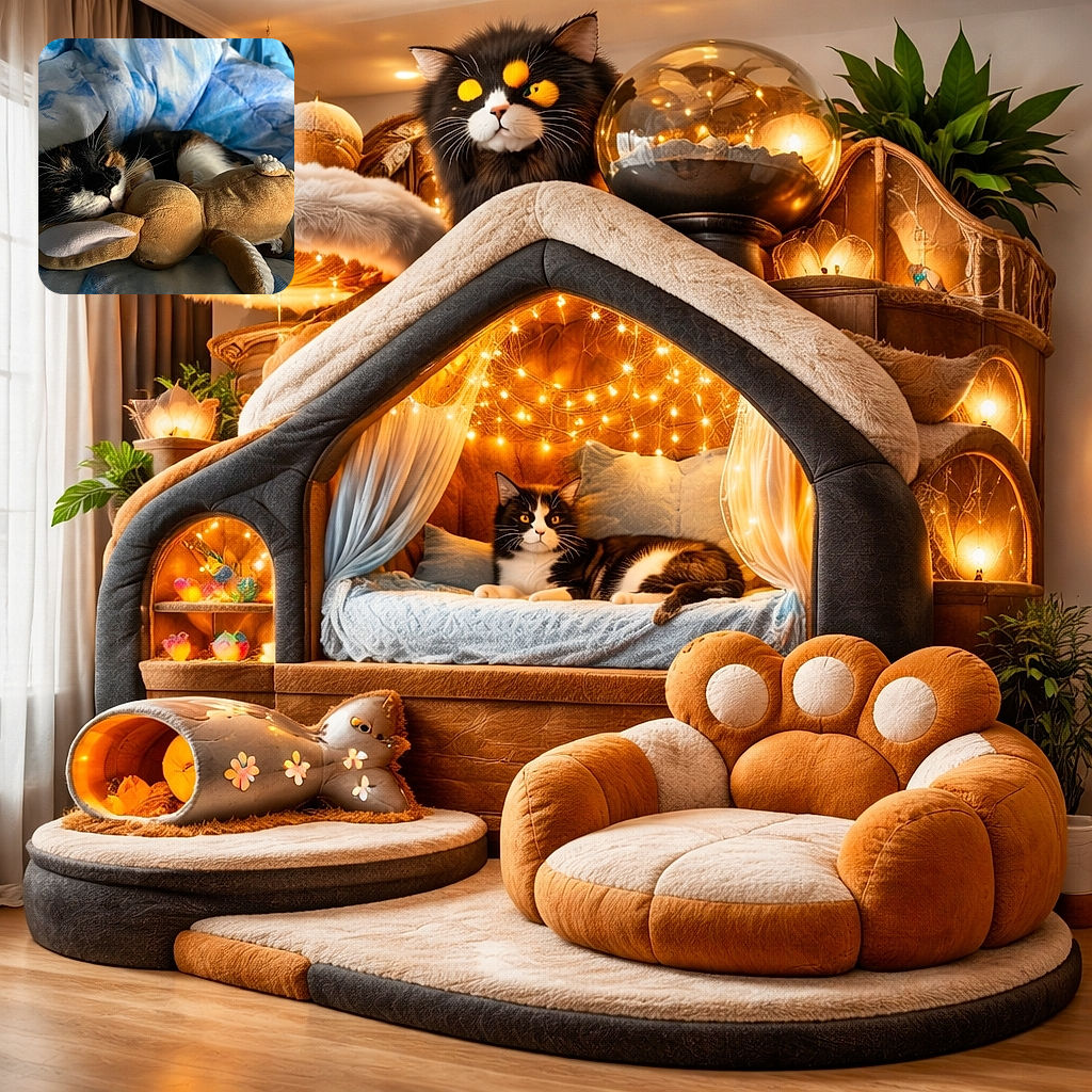 A cozy calico cat snoozes peacefully nestled against a soft, plush bunny toy on a bed with blue and white patterned blankets, capturing a serene moment of furry friendship and comfort.