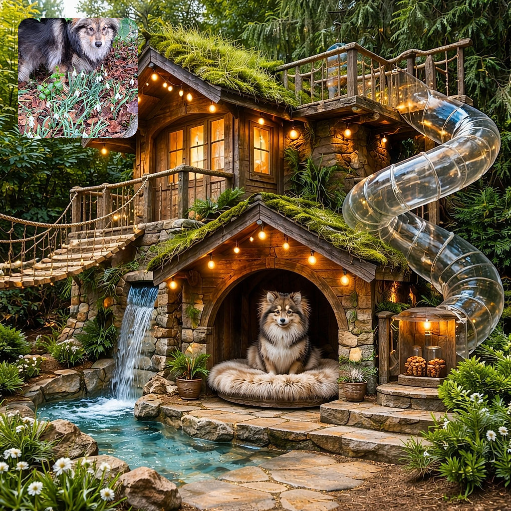 A fluffy dog peeks out from under glossy green leaves like a furry woodland guardian, posing politely among a carpet of snowdrops and crunchy brown leaves — equal parts majestic and mischievous.