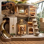 A soulful brown-and-white dog stands proudly on a cushion, giving the camera a look that says, “Yes, I saw the birthday sign, and no, I will not be sharing the cake.” Plants, a television, and cozy home furnishings complete the warmly lit scene.
