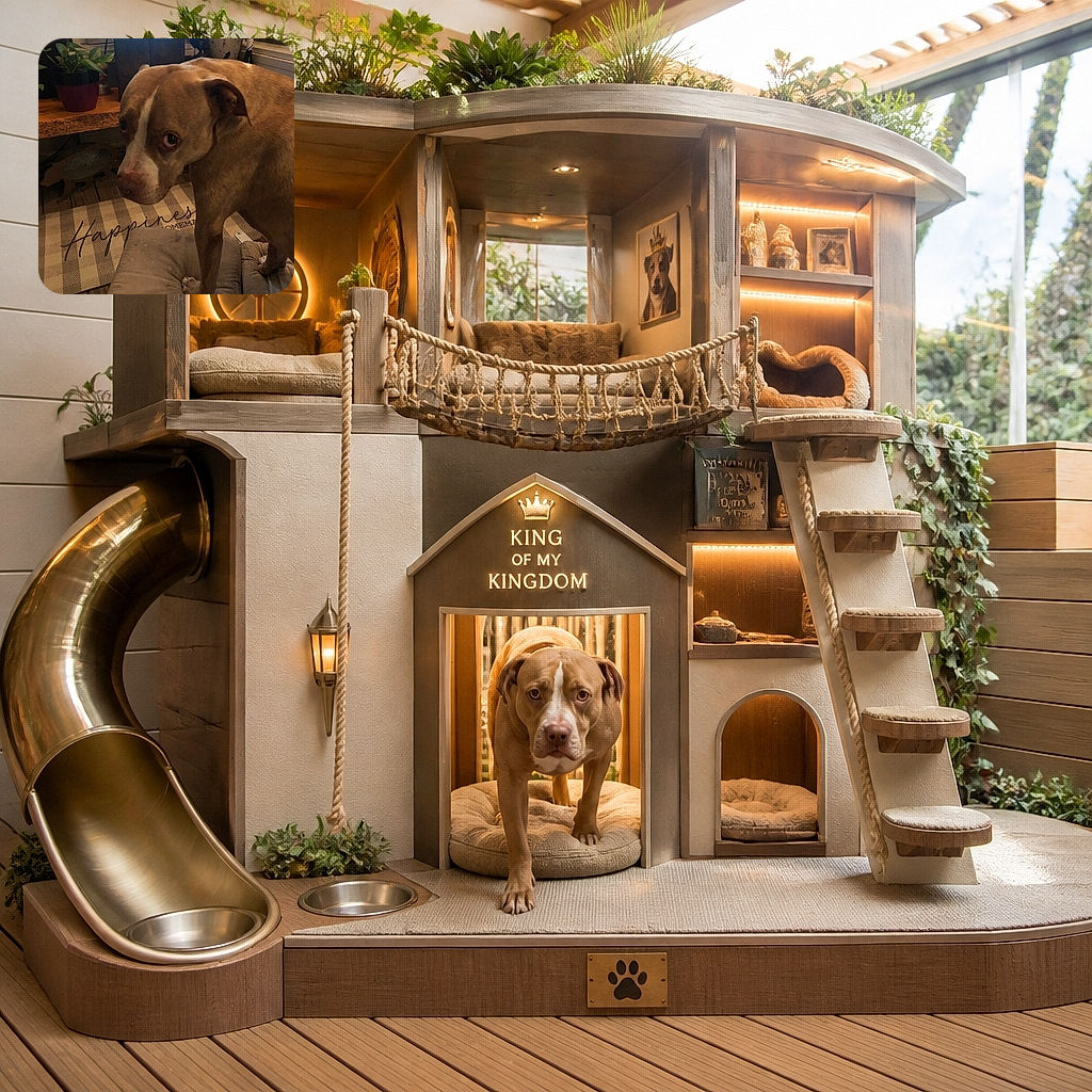 A soulful brown-and-white dog stands proudly on a cushion, giving the camera a look that says, “Yes, I saw the birthday sign, and no, I will not be sharing the cake.” Plants, a television, and cozy home furnishings complete the warmly lit scene.