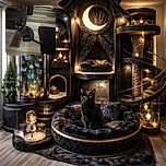 A sleek black cat with striking yellow eyes sits attentively on a wooden floor next to a vent and a black rug, casting a curious gaze towards the camera in a cozy indoor setting.