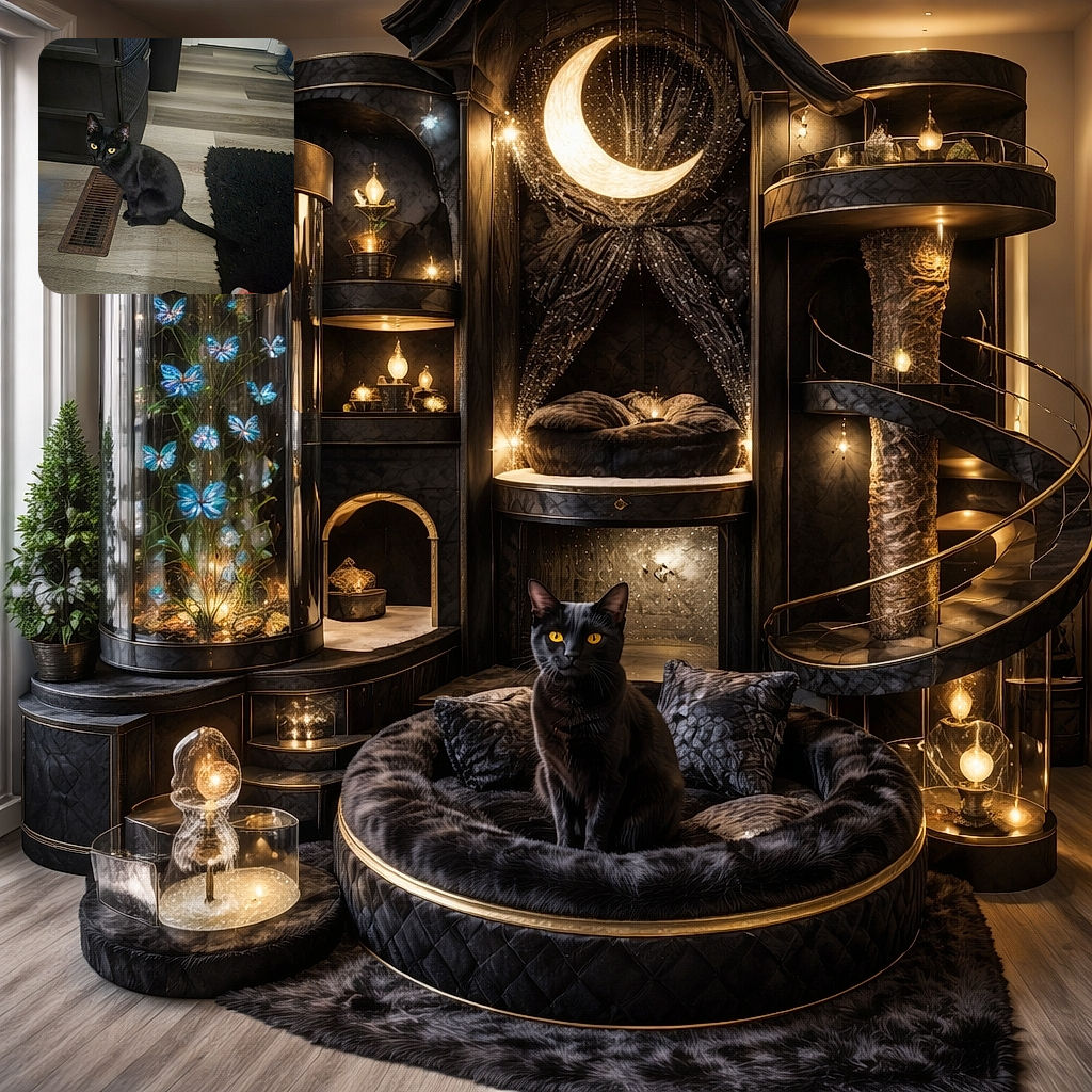 A sleek black cat with striking yellow eyes sits attentively on a wooden floor next to a vent and a black rug, casting a curious gaze towards the camera in a cozy indoor setting.