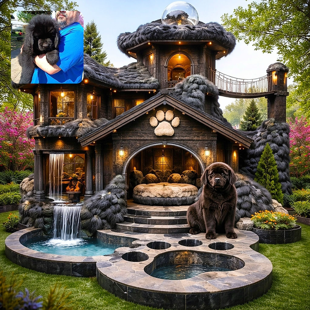 A man in a bright blue shirt is holding what appears to be a giant black teddy bear — actually a huge fluffy puppy — while squinting into the sun. The pup looks like it’s perfected the art of napping on the move, and its enormous paws threaten to steal the show.