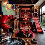 A wide-eyed dog in a bright red outfit stares up at the camera like a tiny superhero waiting for its mission briefing, surrounded by a leash, furniture, and wonderfully chaotic indoor clutter.
