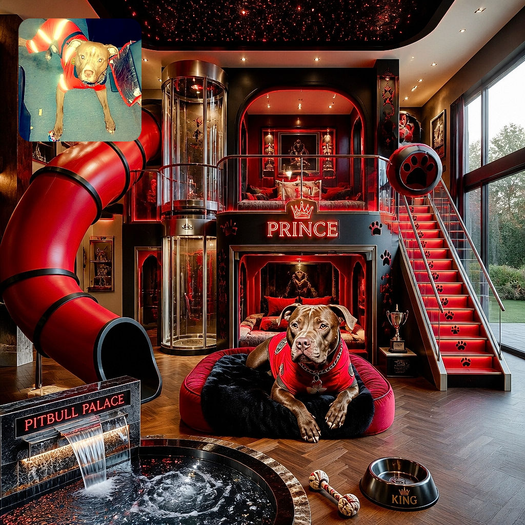 A wide-eyed dog in a bright red outfit stares up at the camera like a tiny superhero waiting for its mission briefing, surrounded by a leash, furniture, and wonderfully chaotic indoor clutter.