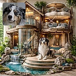 A close-up portrait of a fluffy Australian Shepherd dog with a beautiful merle coat, gazing softly at the camera with soulful brown eyes. The background is softly blurred, focusing all attention on the dog's expressive face and thick fur.