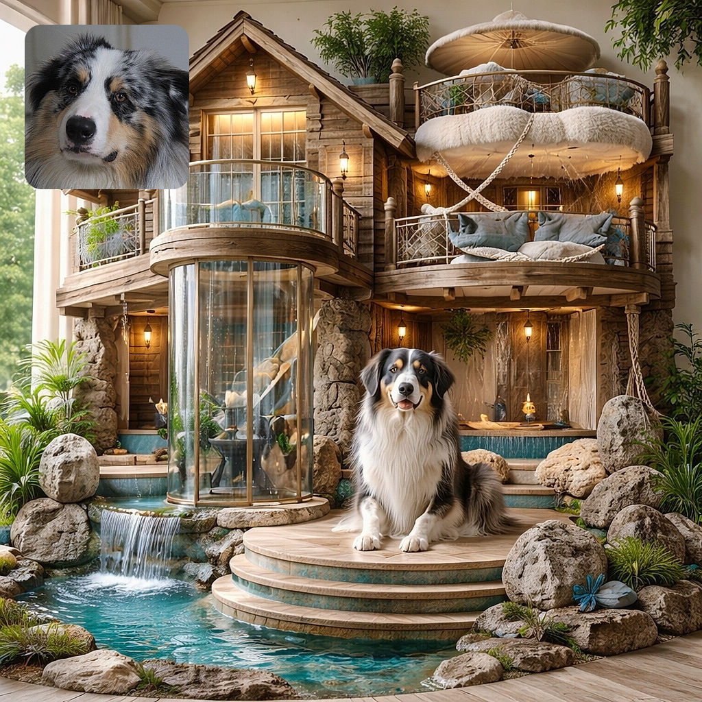 A close-up portrait of a fluffy Australian Shepherd dog with a beautiful merle coat, gazing softly at the camera with soulful brown eyes. The background is softly blurred, focusing all attention on the dog's expressive face and thick fur.