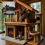 Two fluffy cats, one a curious kitten with wide eyes and the other a majestic long-haired feline, lounge comfortably on a cozy beige cat perch against a plain wall with a thermostat in the background.