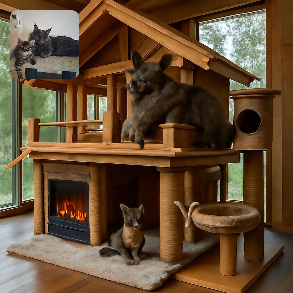 Two fluffy cats, one a curious kitten with wide eyes and the other a majestic long-haired feline, lounge comfortably on a cozy beige cat perch against a plain wall with a thermostat in the background.