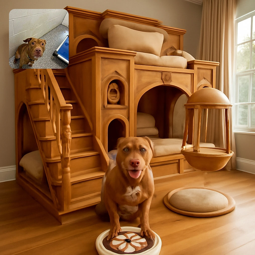 A brown dog with a curious and slightly worried expression sits on a speckled floor next to a blue elevated pet bed in a plain room with white brick walls.