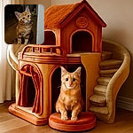 A charming orange tabby kitten with big, soulful eyes sits on a wooden floor, looking up with an inquisitive tilt of the head. The background is dimly lit, adding a cozy, mysterious vibe, while the cute little furball steals the spotlight. The 'FaceApp' watermark suggests some digital magic was involved, but the kitten's adorableness remains real.