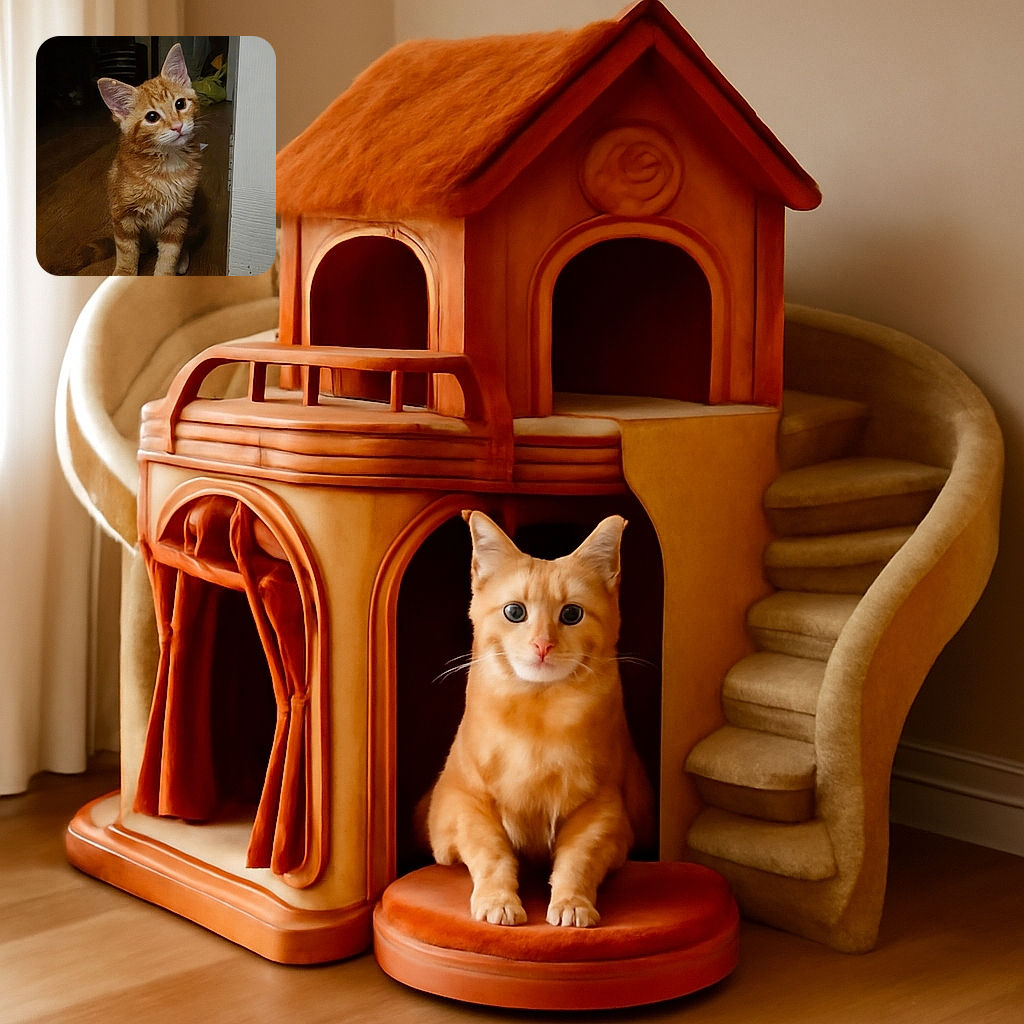 A charming orange tabby kitten with big, soulful eyes sits on a wooden floor, looking up with an inquisitive tilt of the head. The background is dimly lit, adding a cozy, mysterious vibe, while the cute little furball steals the spotlight. The 'FaceApp' watermark suggests some digital magic was involved, but the kitten's adorableness remains real.