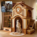 A charming dog with a unique half-brown, half-white face sits attentively on a cozy couch covered with blankets, bathed in soft natural light from a nearby window with patterned curtains.