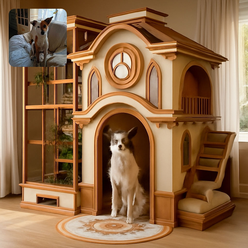 A charming dog with a unique half-brown, half-white face sits attentively on a cozy couch covered with blankets, bathed in soft natural light from a nearby window with patterned curtains.