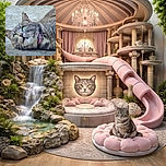 A close-up shot of a fluffy gray tabby cat lying on concrete, staring upwards with wide, mesmerizing green eyes and a slightly open mouth, wearing a pink collar that adds a pop of color to the serene and detailed portrait.