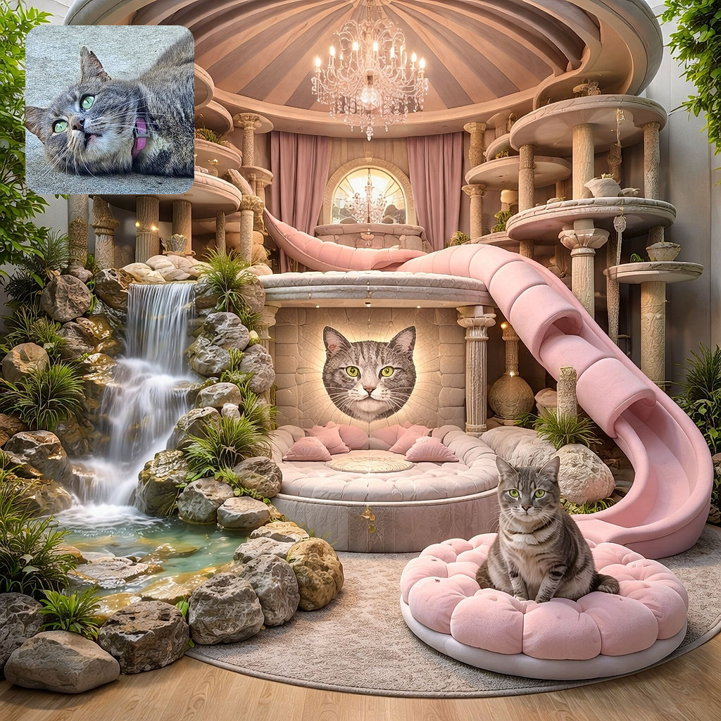 A close-up shot of a fluffy gray tabby cat lying on concrete, staring upwards with wide, mesmerizing green eyes and a slightly open mouth, wearing a pink collar that adds a pop of color to the serene and detailed portrait.