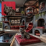 A serious-looking French bulldog lounges in a bright red armchair, appearing to supervise the room with the dignity of a tiny, wrinkly furniture inspector.