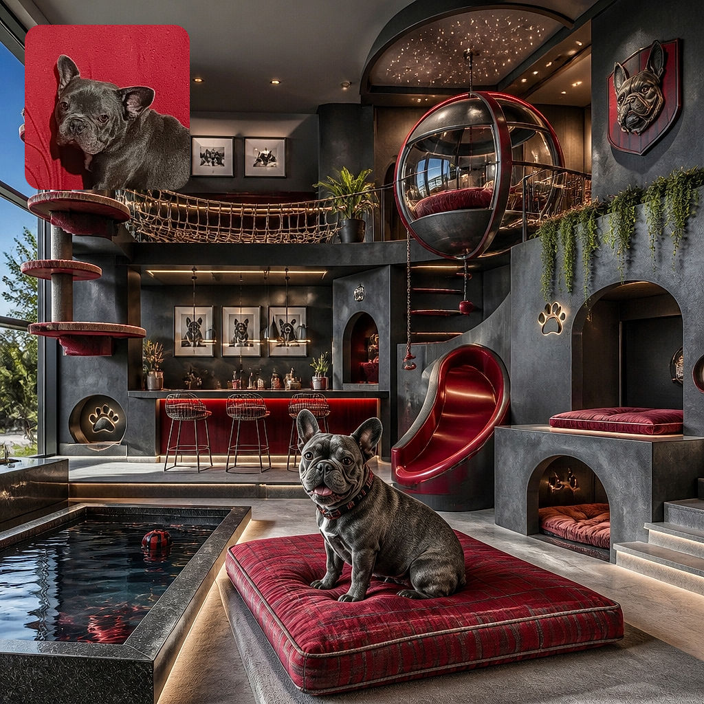 A serious-looking French bulldog lounges in a bright red armchair, appearing to supervise the room with the dignity of a tiny, wrinkly furniture inspector.