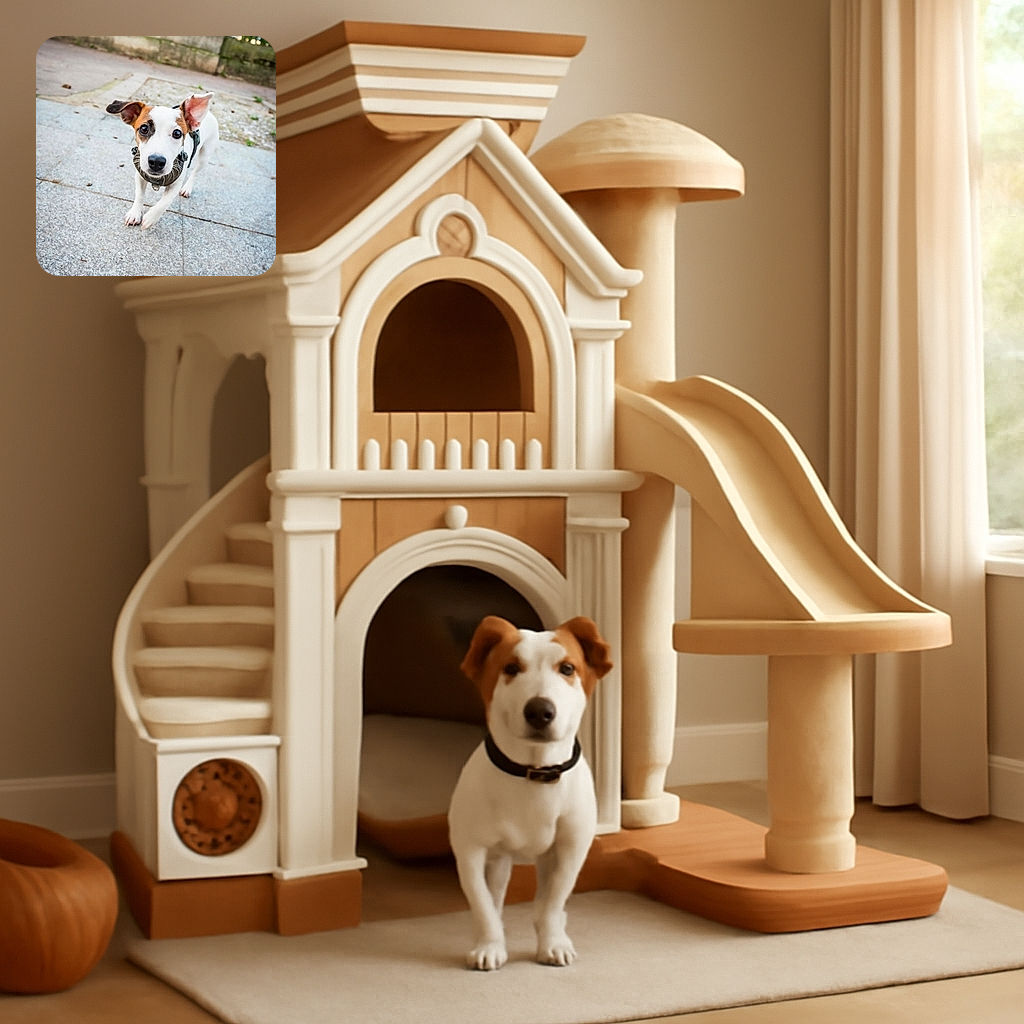 A curious little dog with big expressive eyes and one ear flopped over is stepping forward on a stone pavement, looking straight at the camera with a mix of innocence and mischief. The blurred stone wall and greenery in the background add a rustic charm to this playful close-up shot.